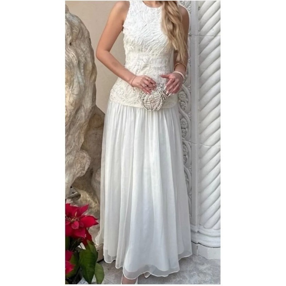 ANTONIO MELANI Ivory Lace Bodice Chiffon Maxi Dress